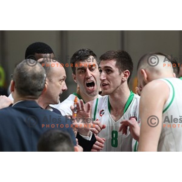 Jure Zdovc, Drazen Bubnic and Aleksandar Lazic in action during Nova KBM League basketball match between Petrol Olimpija and Sixt Primorska in Tivoli Hall, Ljubljana on April 11, 2019