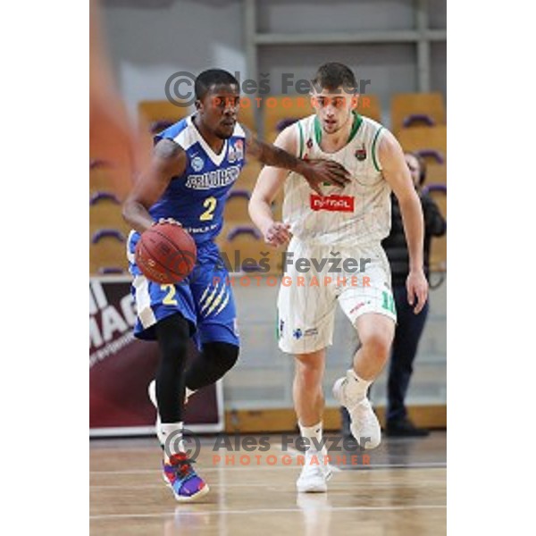 Lance Harris and Roko Badzim in action during Nova KBM League basketball match between Petrol Olimpija and Sixt Primorska in Tivoli Hall, Ljubljana on April 11, 2019