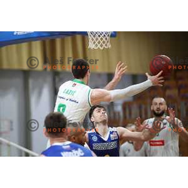 Aleksandar Lazic in action during Nova KBM League basketball match between Petrol Olimpija and Sixt Primorska in Tivoli Hall, Ljubljana on April 11, 2019