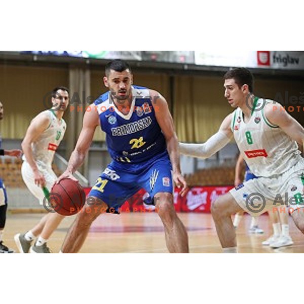 Marko Jagodic-Kuridza and Aleksandar Lazic in action during Nova KBM League basketball match between Petrol Olimpija and Sixt Primorska in Tivoli Hall, Ljubljana on April 11, 2019