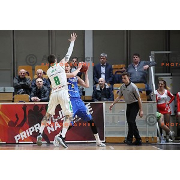 Ivan Marinkovic, Tomaz Berlocnik, Roman Lisac in action during Nova KBM League basketball match between Petrol Olimpija and Sixt Primorska in Tivoli Hall, Ljubljana on April 11, 2019