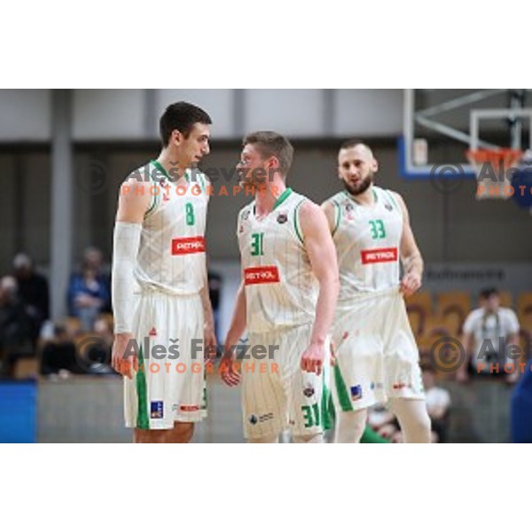 Aleksandar Lazic and Jan Rebec in action during Nova KBM League basketball match between Petrol Olimpija and Sixt Primorska in Tivoli Hall, Ljubljana on April 11, 2019