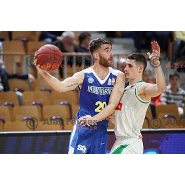 Alen Hodzic and Jan Span in action during Nova KBM League basketball match between Petrol Olimpija and Sixt Primorska in Tivoli Hall, Ljubljana on April 11, 2019