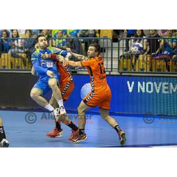 Miha Zarabec in action during handball match between Slovenia and Netherlands, Men’s EHF EURO 2020, played in Zlatorog Arena, Celje, Slovenia on April 14, 2019