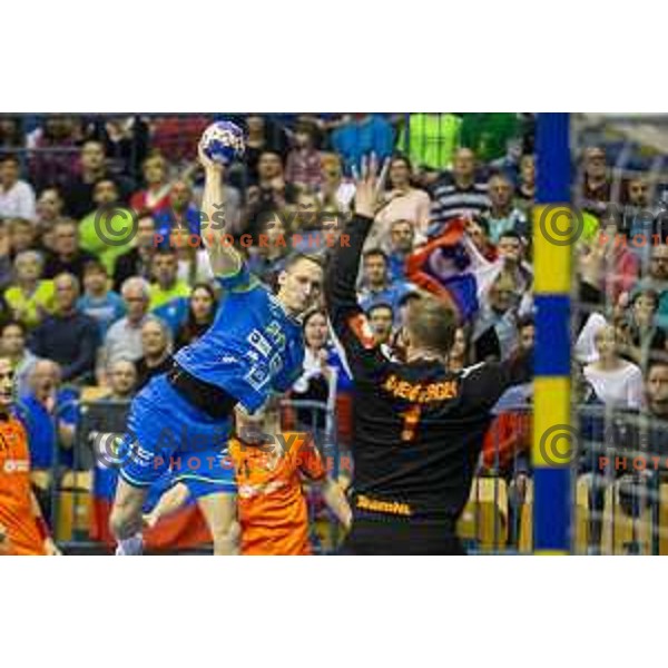Tilen Kodrin in action during handball match between Slovenia and Netherlands, Men’s EHF EURO 2020, played in Zlatorog Arena, Celje, Slovenia on April 14, 2019