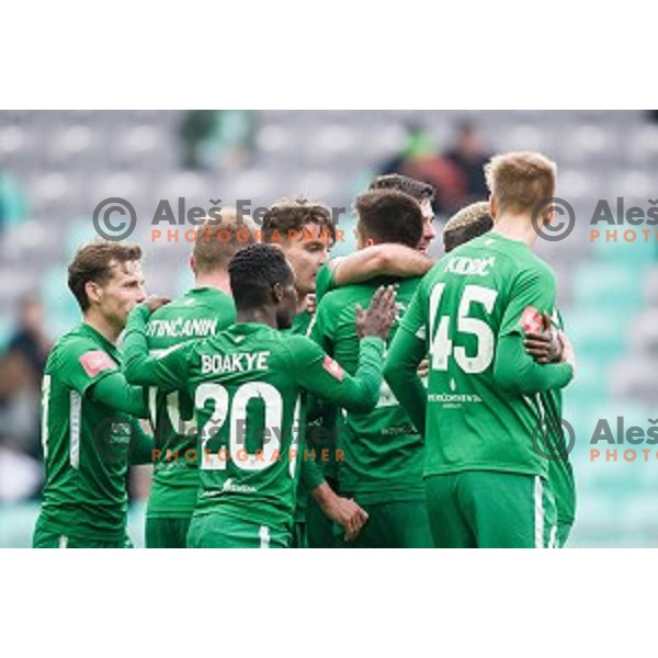 Olimpija in action during Prva liga Telekom Slovenije football match between Olimpija and Aluminij, Stozice stadium, Ljubljana, Slovenia on April 14, 2019
