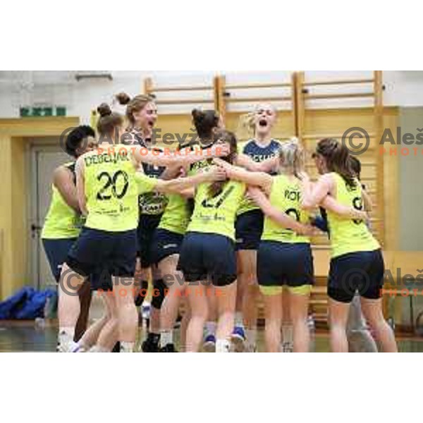 Players of Cinkarna Celje celebrate title in the Final of Slovenian Women\'s basketball league between Cinkarna Celje and Triglav Kranj in Celje, Slovenia on April 23, 2019