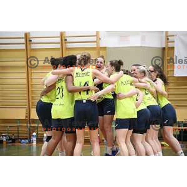 Players of Cinkarna Celje celebrate title in the Final of Slovenian Women\'s basketball league between Cinkarna Celje and Triglav Kranj in Celje, Slovenia on April 23, 2019