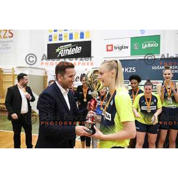 Players of Cinkarna Celje celebrate title in the Final of Slovenian Women\'s basketball league between Cinkarna Celje and Triglav Kranj in Celje, Slovenia on April 23, 2019