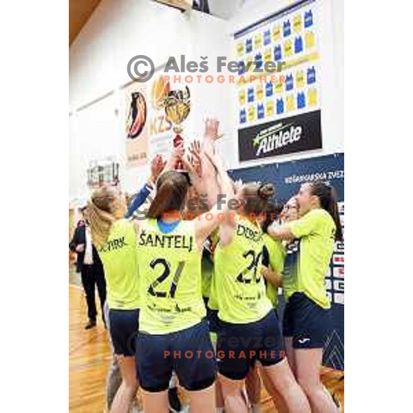Players of Cinkarna Celje celebrate title in the Final of Slovenian Women\'s basketball league between Cinkarna Celje and Triglav Kranj in Celje, Slovenia on April 23, 2019