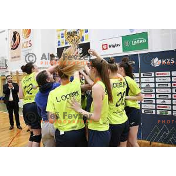 Players of Cinkarna Celje celebrate title in the Final of Slovenian Women\'s basketball league between Cinkarna Celje and Triglav Kranj in Celje, Slovenia on April 23, 2019