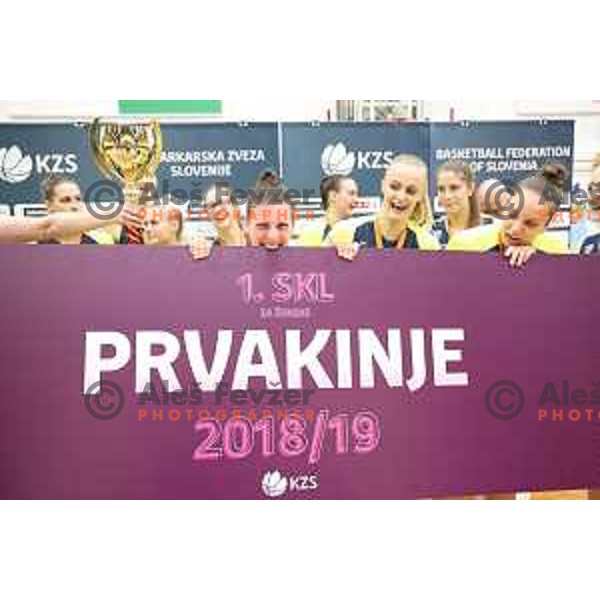 Players of Cinkarna Celje celebrate title in the Final of Slovenian Women\'s basketball league between Cinkarna Celje and Triglav Kranj in Celje, Slovenia on April 23, 2019