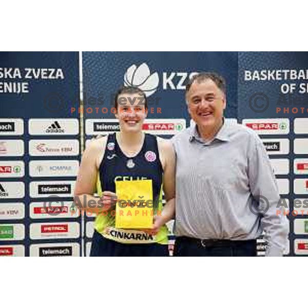 Players of Cinkarna Celje celebrate title in the Final of Slovenian Women\'s basketball league between Cinkarna Celje and Triglav Kranj in Celje, Slovenia on April 23, 2019