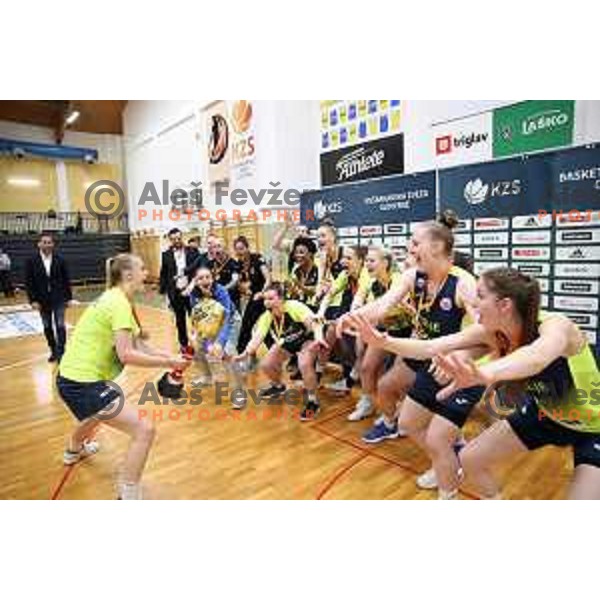 Players of Cinkarna Celje celebrate title in the Final of Slovenian Women\'s basketball league between Cinkarna Celje and Triglav Kranj in Celje, Slovenia on April 23, 2019