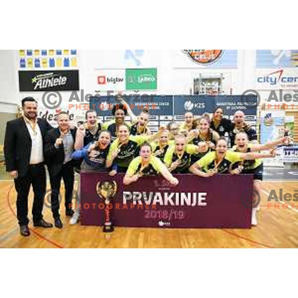 Players of Cinkarna Celje celebrate title in the Final of Slovenian Women\'s basketball league between Cinkarna Celje and Triglav Kranj in Celje, Slovenia on April 23, 2019