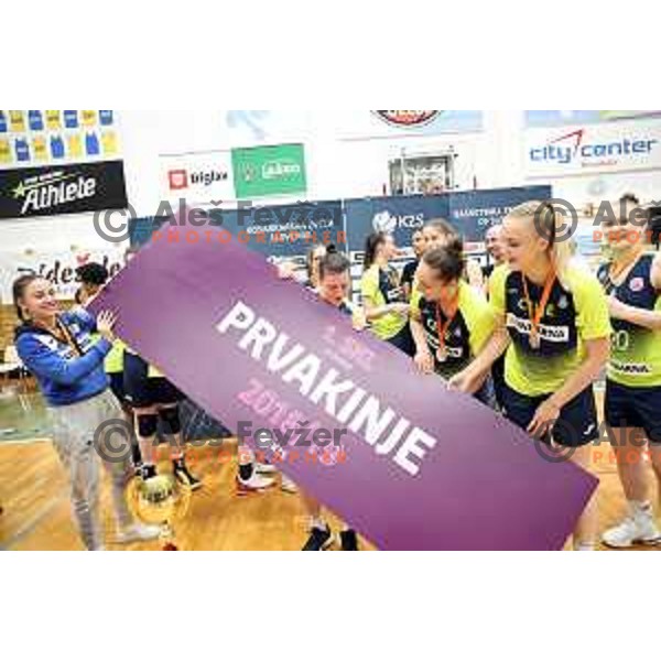 Players of Cinkarna Celje celebrate title in the Final of Slovenian Women\'s basketball league between Cinkarna Celje and Triglav Kranj in Celje, Slovenia on April 23, 2019