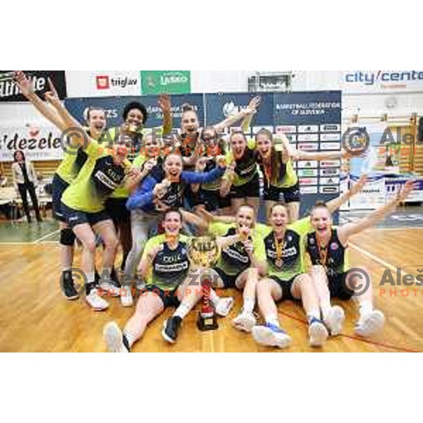 Players of Cinkarna Celje celebrate title in the Final of Slovenian Women\'s basketball league between Cinkarna Celje and Triglav Kranj in Celje, Slovenia on April 23, 2019