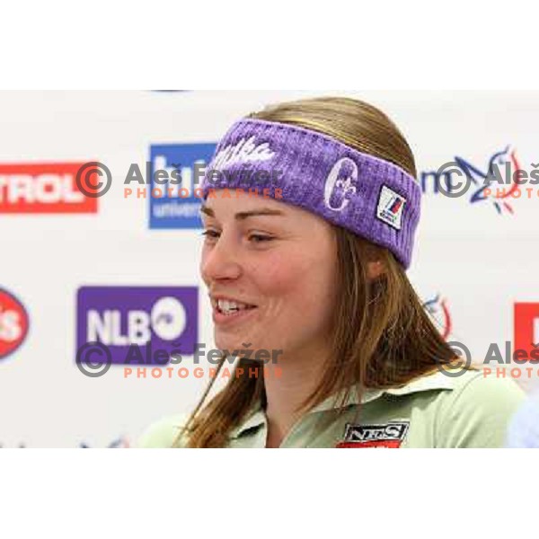 Tina Maze at press conference after her first World cup victory in downhill at race in St.Moritz. Conference was held in Ljubljana, Slovenia on 11.2.2008 