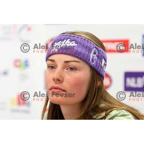 Tina Maze at press conference after her first World cup victory in downhill at race in St.Moritz. Conference was held in Ljubljana, Slovenia on 11.2.2008 