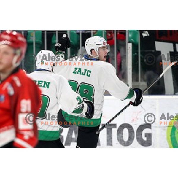 Miha Zajc of SZ Olimpija in action during Slovenian League ice-hockey match between SZ Olimpija and SIJ Acroni Jesenice in Tivoli Hall, Ljubljana, Slovenia on April 25, 2019