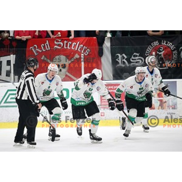 of SZ Olimpija in action during Slovenian League ice-hockey match between SZ Olimpija and SIJ Acroni Jesenice in Tivoli Hall, Ljubljana, Slovenia on April 25, 2019