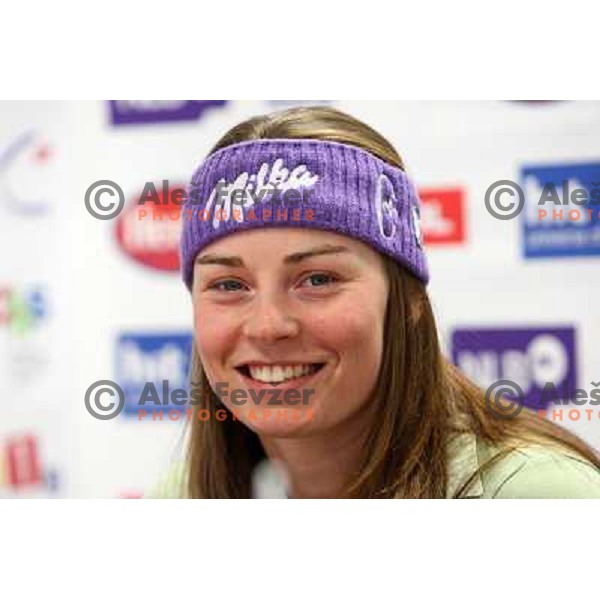 Tina Maze at press conference after her first World cup victory in downhill race in St.Moritz. Conference was held in Ljubljana, Slovenia on 11.2.2008 