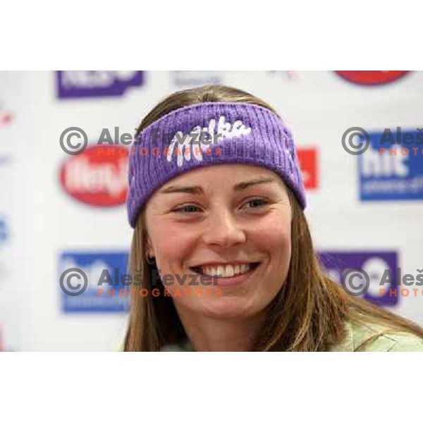 Tina Maze at press conference after her first World cup victory in downhill at race in St.Moritz. Conference was held in Ljubljana, Slovenia on 11.2.2008 