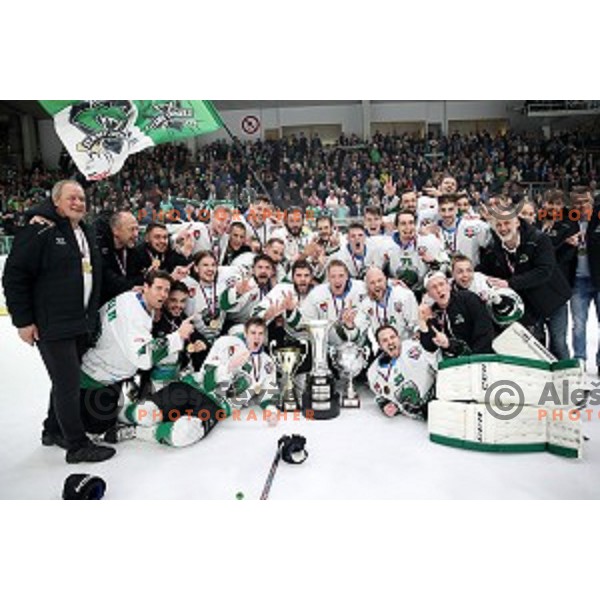 Ales Music, Gal Koren and players of SZ Olimpija celebrate title in Slovenian ice-hockey League after final match between SZ Olimpija and SIJ Acroni Jesenice in Tivoli Hall, Ljubljana, Slovenia on April 25, 2019