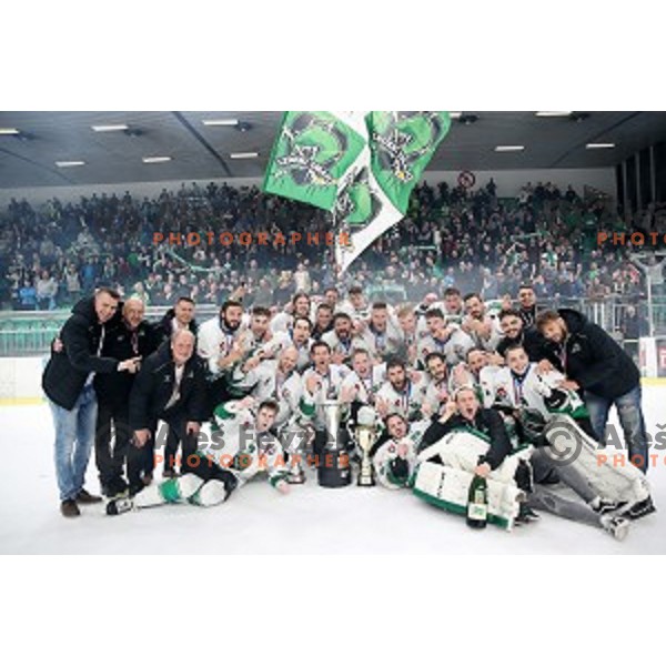 Ales Music, Gal Koren and players of SZ Olimpija celebrate title in Slovenian ice-hockey League after final match between SZ Olimpija and SIJ Acroni Jesenice in Tivoli Hall, Ljubljana, Slovenia on April 25, 2019