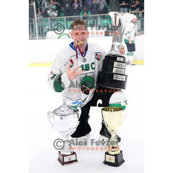 Ales Music of SZ Olimpija in action during Slovenian League ice-hockey match between SZ Olimpija and SIJ Acroni Jesenice in Tivoli Hall, Ljubljana, Slovenia on April 25, 2019