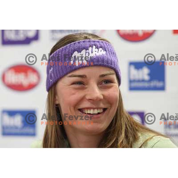 Tina Maze at press conference after her first World cup victory in downhill at race in St.Moritz. Conference was held in Ljubljana, Slovenia on 11.2.2008 