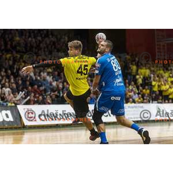 Miha Kavcic in action during 1.NLB league handball match between Gorenje and Celje Pivovarna Lasko in Red Hall, Velenje on April 27, 2019