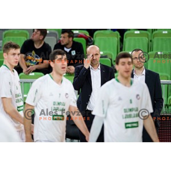 Jure Zdovc, Gasper Okorn in action during Nova KBM league quarter final basketball match between Petrol Olimpija - GGD Sencur, , Arena Stozice, Ljubljana, Slovenia on April 30, 2019
