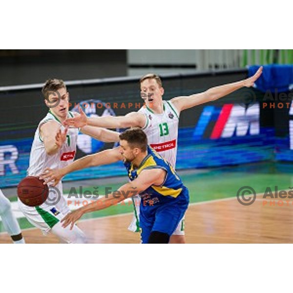 Luka Samanic, Luka Lapornik in action during Nova KBM league quarter final basketball match between Petrol Olimpija - GGD Sencur, , Arena Stozice, Ljubljana, Slovenia on April 30, 2019