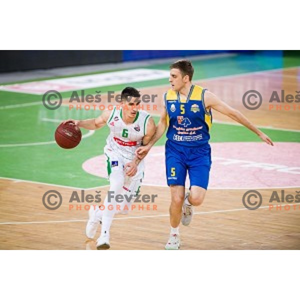 Jan Span, Jan Novak in action during Nova KBM league quarter final basketball match between Petrol Olimpija - GGD Sencur, , Arena Stozice, Ljubljana, Slovenia on April 30, 2019