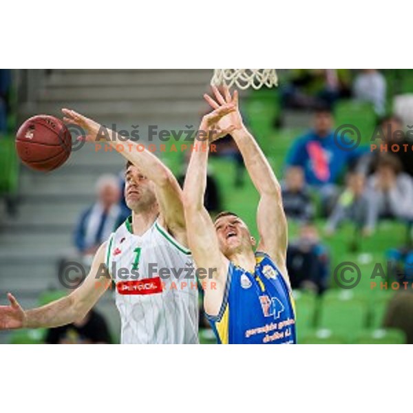 Drazen Bubnic, Dino Muric in action during Nova KBM league quarter final basketball match between Petrol Olimpija - GGD Sencur, , Arena Stozice, Ljubljana, Slovenia on April 30, 2019