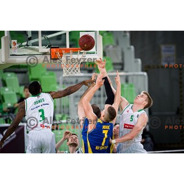 Marvin Jones, Dino Murcic, Luka Samanic in action during Nova KBM league quarter final basketball match between Petrol Olimpija - GGD Sencur, , Arena Stozice, Ljubljana, Slovenia on April 30, 2019