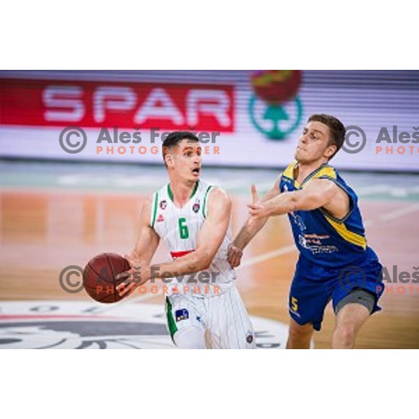 Jan Span, David Kralj in action during Nova KBM league quarter final basketball match between Petrol Olimpija - GGD Sencur, , Arena Stozice, Ljubljana, Slovenia on April 30, 2019