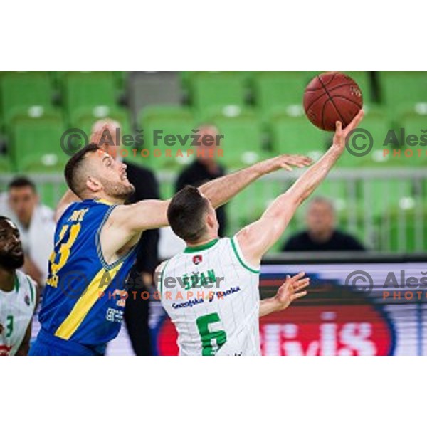 Smiljan Pavic, Jan Span in action during Nova KBM league quarter final basketball match between Petrol Olimpija - GGD Sencur, , Arena Stozice, Ljubljana, Slovenia on April 30, 2019