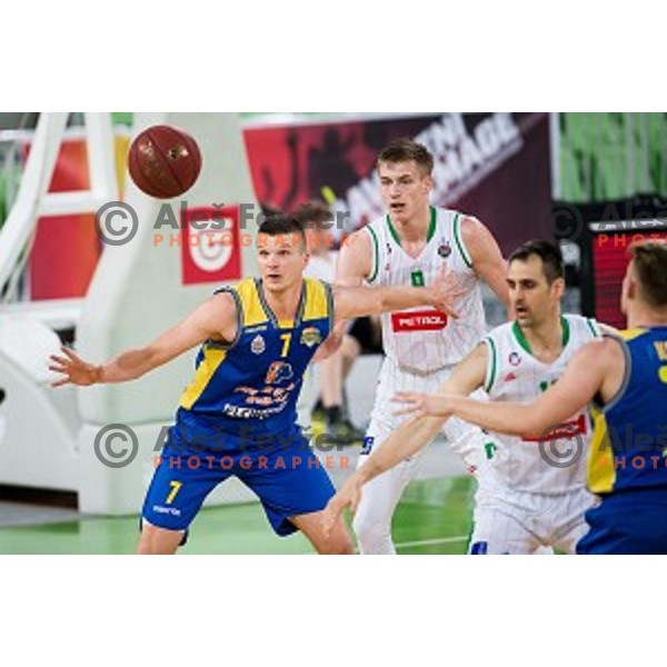 Dino Muric, Luka Samanic in action during Nova KBM league quarter final basketball match between Petrol Olimpija - GGD Sencur, , Arena Stozice, Ljubljana, Slovenia on April 30, 2019