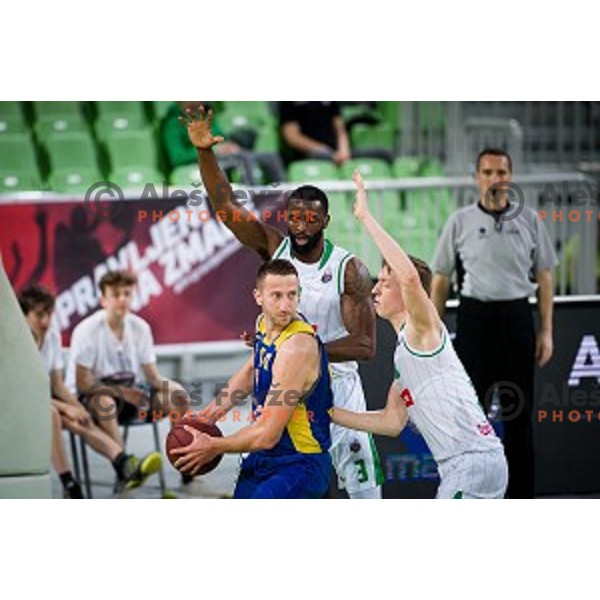 Ramo Rizvic, Marvin Jones, Luka Lapornik in action during Nova KBM league quarter final basketball match between Petrol Olimpija - GGD Sencur, , Arena Stozice, Ljubljana, Slovenia on April 30, 2019