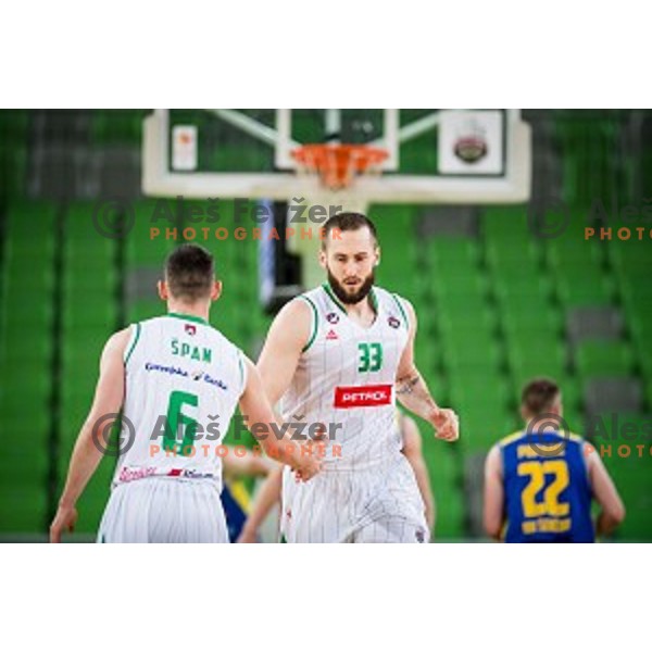 Jan Span, Aleksandar Radulovic in action during Nova KBM league quarter final basketball match between Petrol Olimpija - GGD Sencur, , Arena Stozice, Ljubljana, Slovenia on April 30, 2019