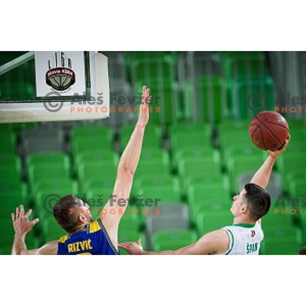 Ramo Rizvic, Jan Span in action during Nova KBM league quarter final basketball match between Petrol Olimpija - GGD Sencur, , Arena Stozice, Ljubljana, Slovenia on April 30, 2019