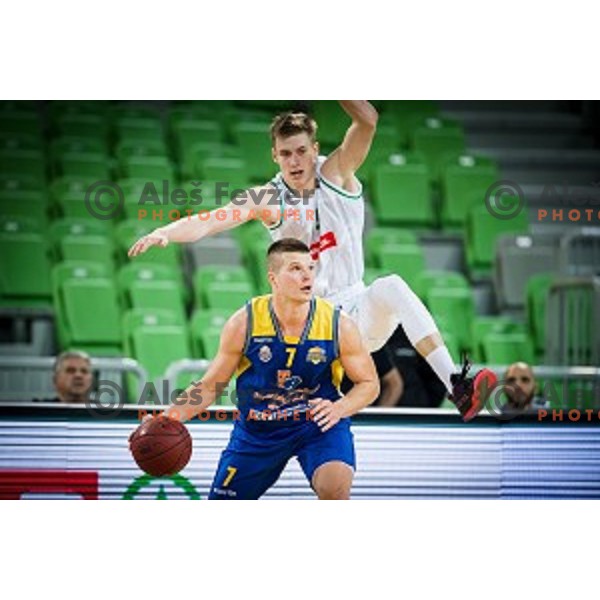 Luka Samunic, Dino Muric in action during Nova KBM league quarter final basketball match between Petrol Olimpija - GGD Sencur, , Arena Stozice, Ljubljana, Slovenia on April 30, 2019