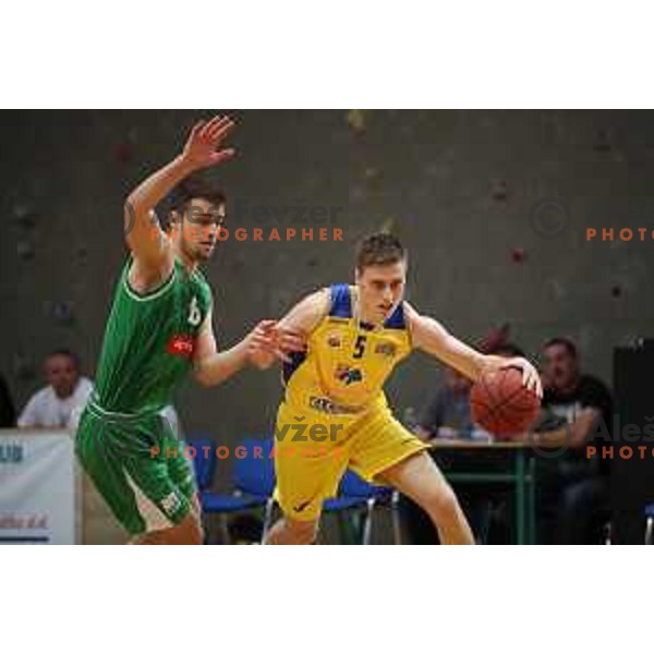 Jan Novak in action during Nova KBM league playoff basketball match between Sencur GGD and Petrol Olimpija in Sencur Sports Hall, Slovenia on May 4, 2019
