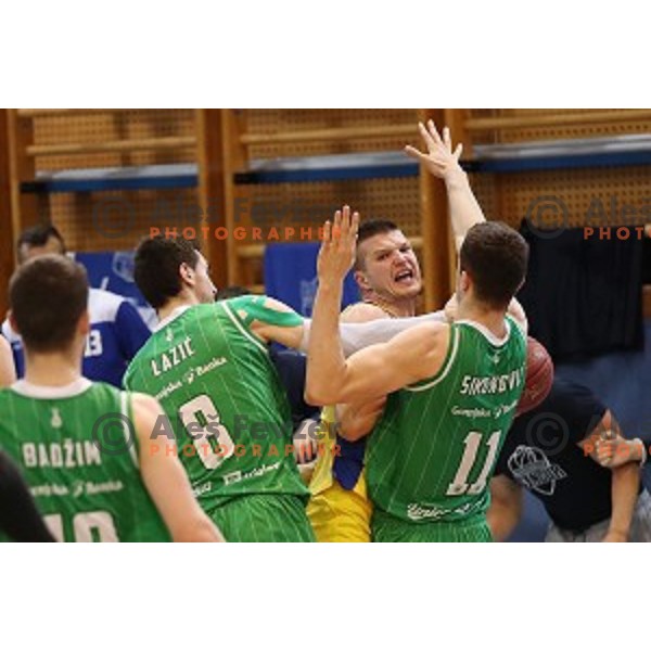 action during Nova KBM league playoff basketball match between Sencur GGD and Petrol Olimpija in Sencur Sports Hall, Slovenia on May 4, 2019