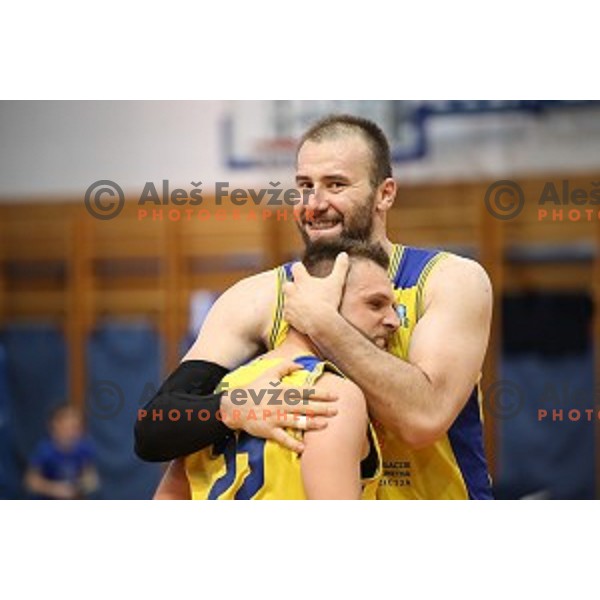 Ismet Sejfic and Marko Popadic in action during Nova KBM league playoff basketball match between Sencur GGD and Petrol Olimpija in Sencur Sports Hall, Slovenia on May 4, 2019