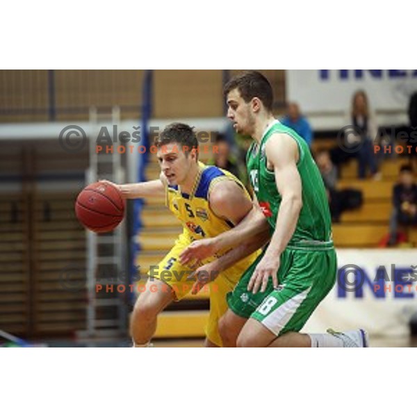 Jan Novak in action during Nova KBM league playoff basketball match between Sencur GGD and Petrol Olimpija in Sencur Sports Hall, Slovenia on May 4, 2019