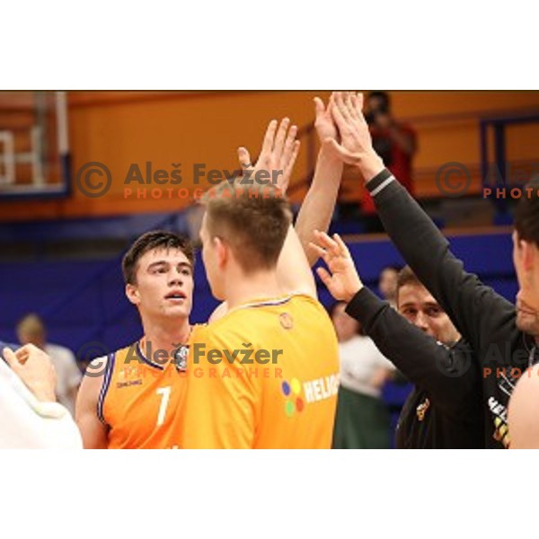 action during Nova KBM league playoff basketball match between Helios Suns and Hopsi Polzela in Domzale Sports Hall, Slovenia on May 4, 2019