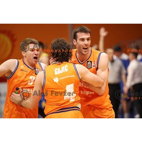 Mirolsav Pasaljic, Igor Tratnik and Nikola Gajic in action during Nova KBM league playoff basketball match between Helios Suns and Hopsi Polzela in Domzale Sports Hall, Slovenia on May 4, 2019